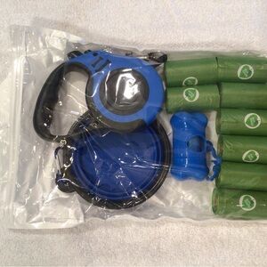 Blue Retractable Dog Leash NEW  with Waste disposal bags, water bowl & dispencer